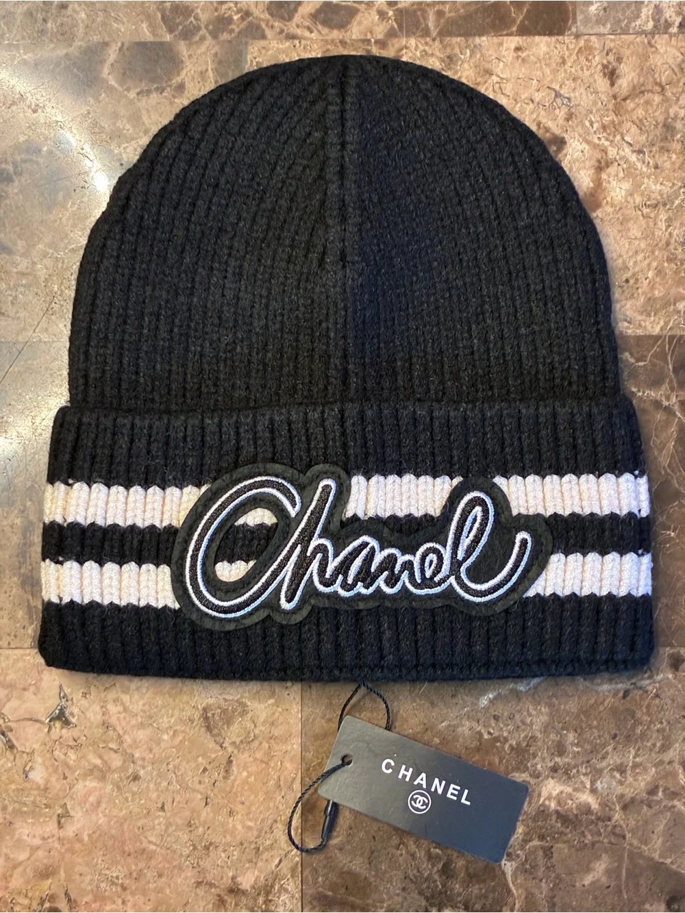 Script Spell Out Logo Black, white and Very Light Pink Stripe  Beanie Hat Cap